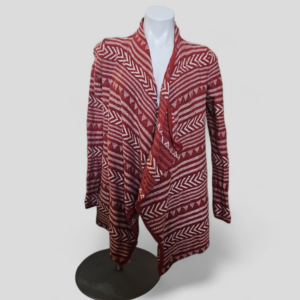 Lucky Brand Red and White Patterned Open Front Cardigan